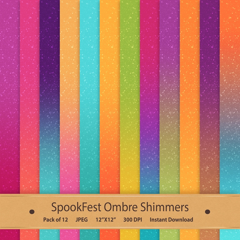 May include: A set of 12 digital paper backgrounds featuring ombre gradients in various colors. Each background has a subtle shimmer effect and is 12 inches by 12 inches at 300 DPI.
