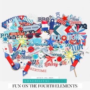 May include: A set of 70 digital clipart images for the 4th of July. The images are in a heart shape and feature red, white, and blue stars, stripes, fireworks, and other patriotic symbols. The text "Fun on the Fourth Elements" is at the bottom of the image.