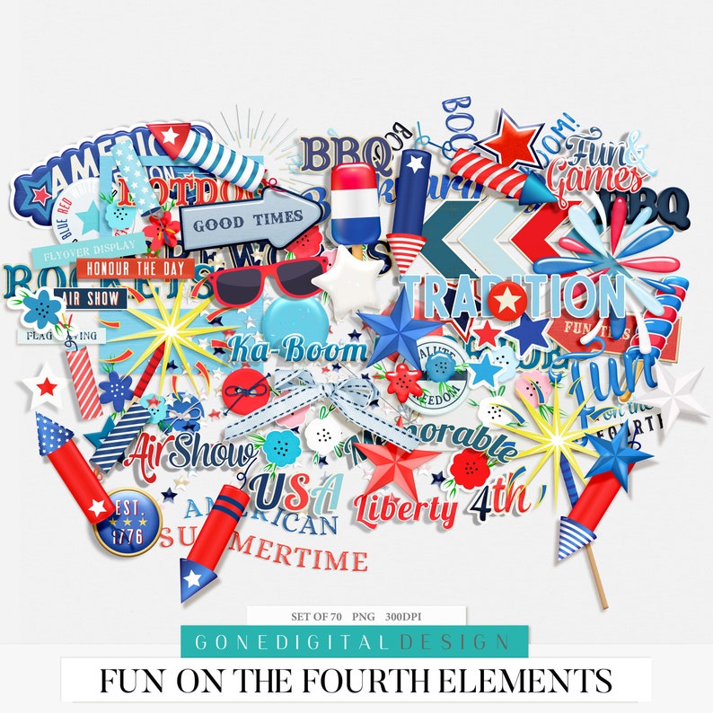 May include: A set of 70 digital clipart images for the 4th of July. The images are in a heart shape and feature red, white, and blue stars, stripes, fireworks, and other patriotic symbols. The text "Fun on the Fourth Elements" is at the bottom of the image.