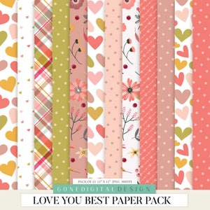 Puede incluir: Un conjunto de 12 papeles digitales con varios patrones con corazones, flores y lunares en tonos de rosa, rojo, amarillo y verde. Los papeles miden 30,5 cm x 30,5 cm y 300 DPI. El texto "LOVE YOU BEST PAPER PACK" est&aacute; en la parte inferior de la imagen.