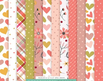Valentine Digital Paper Pack: Love Hearts, Floral Patterns (Digital Download)