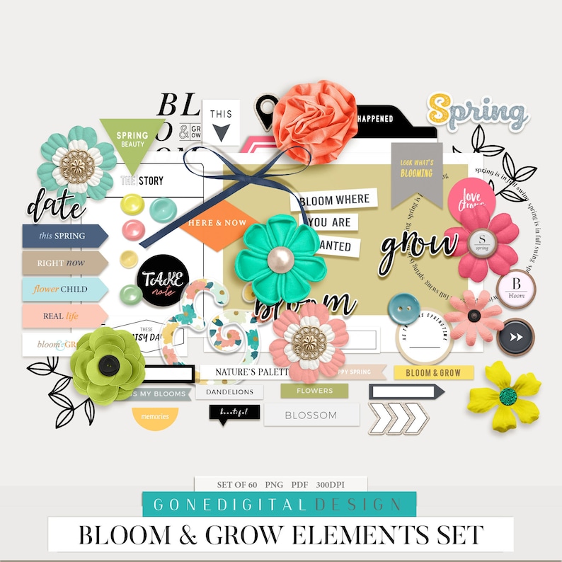 Pu&ograve; includere: Un set di 60 elementi digitali a tema primaverile per lo scrapbooking e il design digitale. Gli elementi includono fiori, foglie, banner e testo. I colori sono vivaci e allegri, con un focus sul rosa, il verde e il giallo.