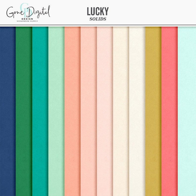 May include: A set of 12 digital paper backgrounds in various solid colors, including navy blue, green, teal, light green, peach, pink, light pink, cream, white, gold, coral, and light blue. The papers are labeled "Lucky Solids" and are designed for scrapbooking.