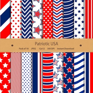 May include: A set of 18 digital papers in red, white, and blue with patriotic patterns, including stars, stripes, polka dots, and chevron designs.  The papers are 12x12 inches and 300 DPI.  Patriotic USA. Pack of 18. JPEG. 12x12. 300 DPI. Instant Download.