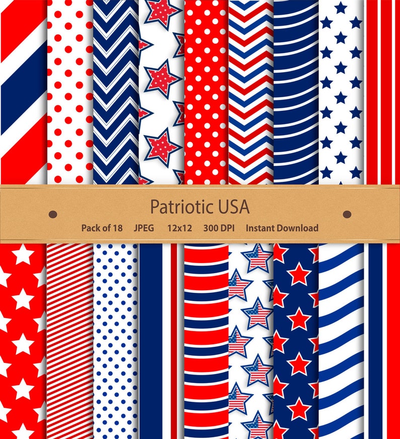 Patriotic USA Digital Paper Fourth of July America Independence Day Stars & Stripes 4th of July for scrapbooking invitations cardmaking image 1