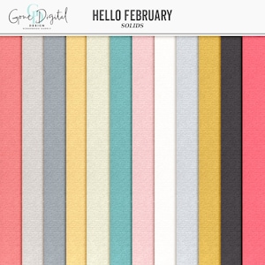 May include: A set of 12 digital paper textures in various colors, including pink, gray, yellow, white, blue, and black. The papers have a subtle textured look, resembling a canvas or linen fabric. The text "HELLO FEBRUARY SOLIDS" is at the top of the image.