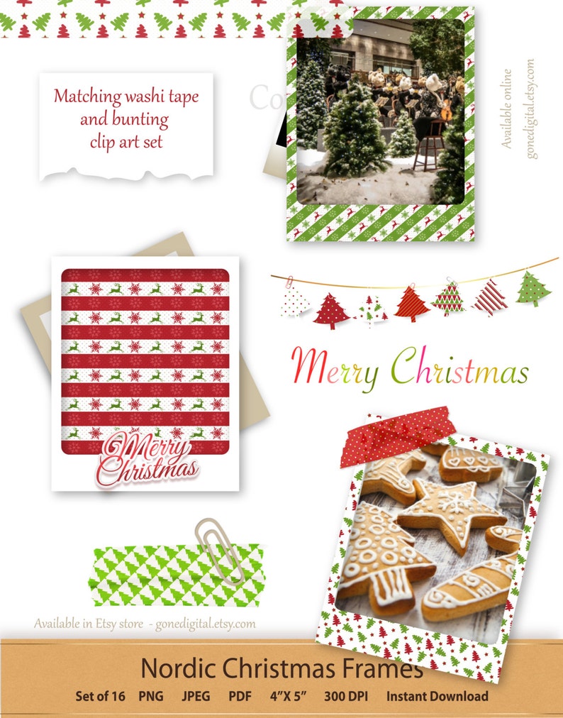 May include: Set of 16 digital printable Christmas frames in red, green, and white with a Scandinavian theme. The frames feature a variety of patterns including stripes, snowflakes, and Christmas trees. The frames are 4 inches by 5 inches and 300 DPI.