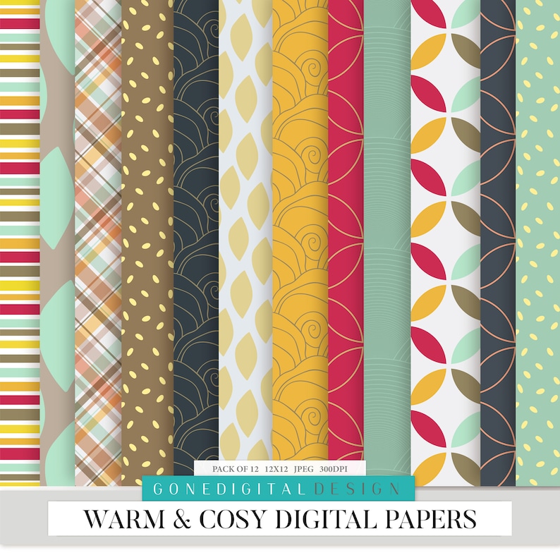 May include: A set of 12 digital papers featuring warm and cozy patterns. The patterns include stripes, plaid, polka dots, leaves, waves, and geometric shapes in a variety of colors, including red, yellow, brown, blue, and green. The papers are 12x12 inches and 300 DPI.  "GONE DIGITAL DESIGN" and "WARM & COSY DIGITAL PAPERS" are written in the image.