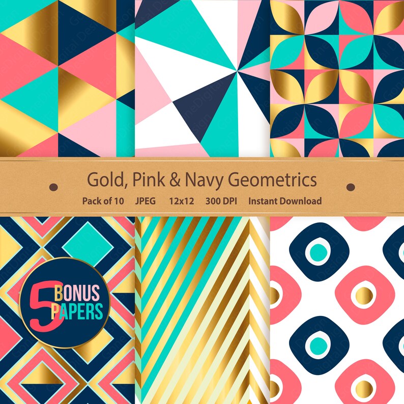 May include: A set of 10 digital paper patterns featuring geometric designs in gold, pink, and navy blue. The patterns are 12 inches by 12 inches and 300 DPI.