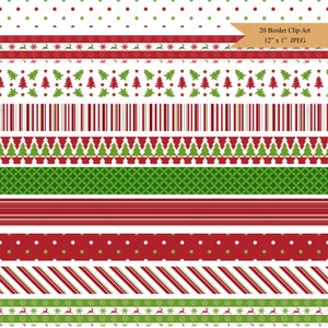 May include: 20 digital Christmas border clip art images in red, green, and white. Each border is 12 inches by 1 inch and is in JPEG format.