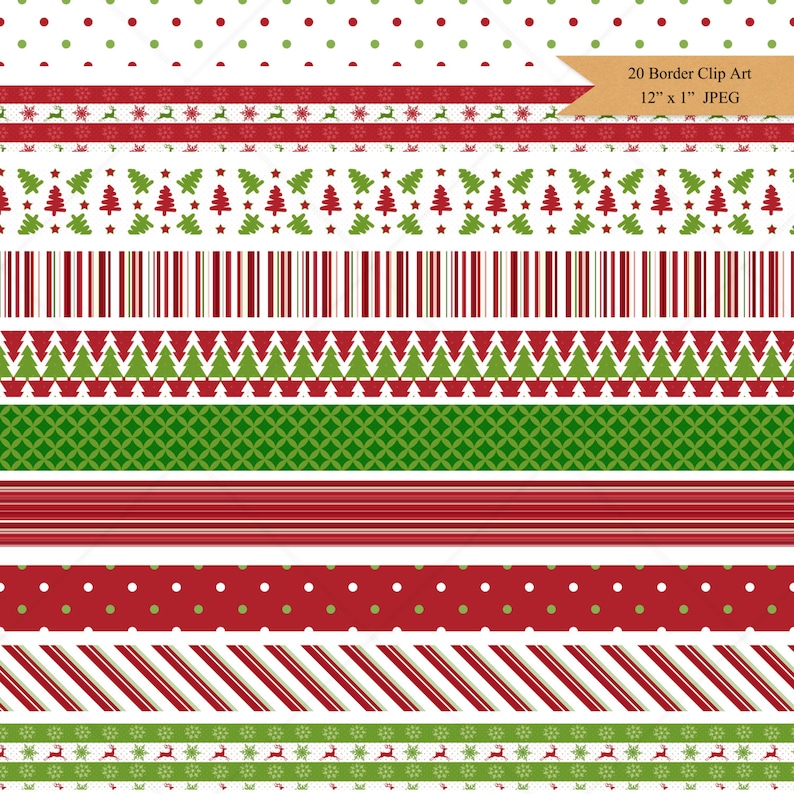 May include: 20 digital Christmas border clip art images in red, green, and white. Each border is 12 inches by 1 inch and is in JPEG format.