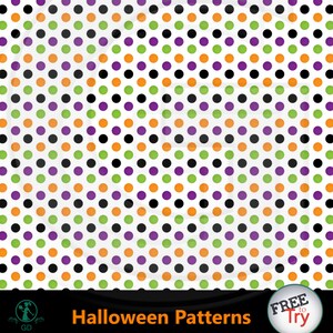 May include: A seamless digital paper pattern with a repeating pattern of black, orange, green, and purple polka dots on a white background. The pattern is 12 inches by 12 inches and 300 DPI. Halloween Patterns.