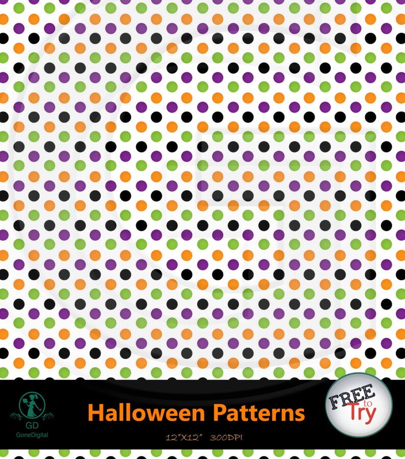 May include: A seamless digital paper pattern with a repeating pattern of black, orange, green, and purple polka dots on a white background. The pattern is 12 inches by 12 inches and 300 DPI. Halloween Patterns.