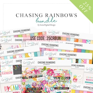May include: A digital scrapbooking kit with a rainbow theme. The kit includes papers, elements, alphas, and more. The kit is called "Chasing Rainbows" and is by Gone Digital Design. Use code 25CRBUN for 25% off.