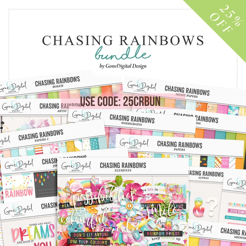 May include: A digital scrapbooking kit with a rainbow theme. The kit includes papers, elements, alphas, and more. The kit is called "Chasing Rainbows" and is by Gone Digital Design. Use code 25CRBUN for 25% off.