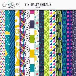 May include: A set of 12 digital papers featuring various geometric patterns in shades of blue, green, yellow, pink, and white. The papers are designed for scrapbooking and crafting.