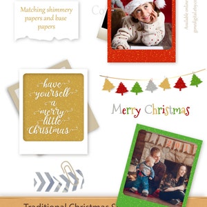 Puede incluir: Conjunto de 16 dise&ntilde;os de tarjetas de Navidad imprimibles con un fondo de purpurina verde, rojo y dorado. Las tarjetas miden 10 cm x 12,7 cm y 300 DPI. Las tarjetas presentan una variedad de temas navide&ntilde;os, incluyendo una familia frente a una chimenea, un ni&ntilde;o con un gorro de Pap&aacute; Noel y un &aacute;rbol de Navidad con el texto "have yourself a merry little Christmas".