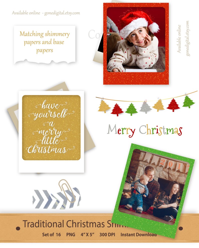 Puede incluir: Conjunto de 16 dise&ntilde;os de tarjetas de Navidad imprimibles con un fondo de purpurina verde, rojo y dorado. Las tarjetas miden 10 cm x 12,7 cm y 300 DPI. Las tarjetas presentan una variedad de temas navide&ntilde;os, incluyendo una familia frente a una chimenea, un ni&ntilde;o con un gorro de Pap&aacute; Noel y un &aacute;rbol de Navidad con el texto "have yourself a merry little Christmas".