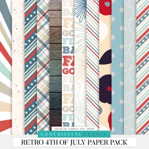 May include: Set of 10 digital paper patterns in red, white, and blue colors with various designs including stripes, stars, plaid, and wood grain. The text "SET OF 100 VARIOUS PNG 300DPI GONE DIGITAL DESIGN RETRO 4TH OF JULY PAPER PACK" is at the bottom of the image.