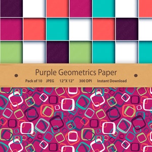 May include: A digital paper pack with 10 geometric patterns in shades of purple, teal, green, white, and coral. The patterns are made up of squares and rectangles. The text "Purple Geometrics Paper" is displayed on a brown banner.