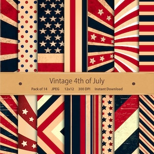 Puede incluir: Un conjunto de 14 dise&ntilde;os de papel digital en rojo, blanco y azul con estrellas, rayas y lunares. Los papeles son perfectos para scrapbooking, creaci&oacute;n de tarjetas y otras manualidades. Vintage 4th of July. Pack of 14 JPEG 12x12 300 DPI Instant Download.