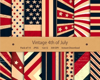 Digital Paper Pack Vintage Fourth of July Papers Patriotic America Independence Stars & Stripes 4th of July USA for Scrapbooking Invitations