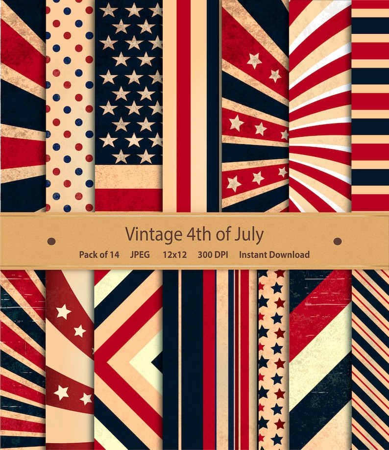 Puede incluir: Un conjunto de 14 dise&ntilde;os de papel digital en rojo, blanco y azul con estrellas, rayas y lunares. Los papeles son perfectos para scrapbooking, creaci&oacute;n de tarjetas y otras manualidades. Vintage 4th of July. Pack of 14 JPEG 12x12 300 DPI Instant Download.