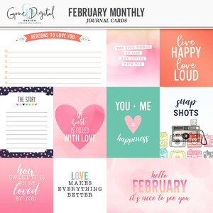 May include: A set of printable journal cards with a pink, red, and blue color scheme. The cards feature various Valentine's Day themed phrases, such as "Reasons to Love You", "My heart is filled with love", "You + Me = Happiness", and "Live Happy Love Loud".