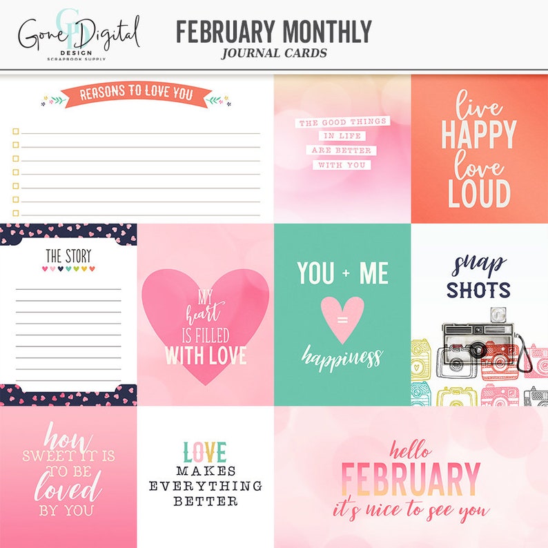 May include: A set of printable journal cards with a pink, red, and blue color scheme. The cards feature various Valentine's Day themed phrases, such as "Reasons to Love You", "My heart is filled with love", "You + Me = Happiness", and "Live Happy Love Loud".