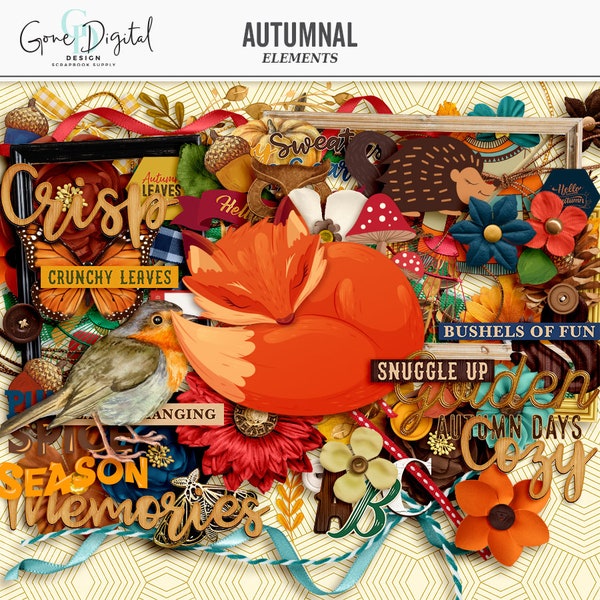 Digital Autumn Elements Fall Motifs Autumn Clipart Digital Scrapbook Elements Stickers Fall Clip Art Wordart Sweater Leaves Bird Rake Acorn