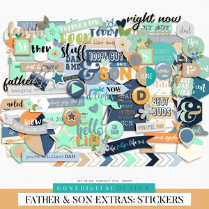 May include: A set of 100 digital stickers featuring illustrations and phrases related to fatherhood and sons. The stickers are in a variety of colors, including blue, green, orange, and brown. The stickers feature phrases like "father & son", "best buds", "dynamic duo", "right now", "love you dad", and "you're amazing dad".