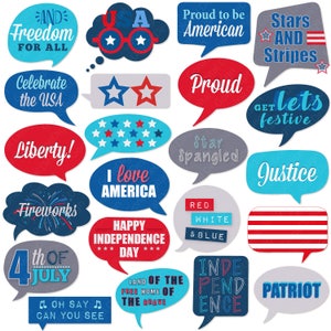 May include: A set of 16 printable photo booth props featuring patriotic themes and phrases for Independence Day celebrations. The props are in the shape of speech bubbles and feature red, white, and blue colors with stars and stripes.