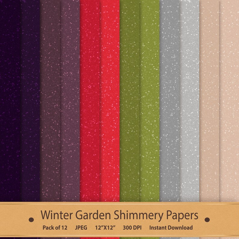 Pu&ograve; includere: Un pacchetto di 12 carte digitali con una texture scintillante e glitterata in vari colori, tra cui viola, marrone, rosso, verde, grigio e beige. Le carte sono di 30,48 cm per 30,48 cm e 300 DPI.