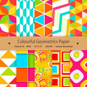 May include: A set of 10 digital papers featuring colorful geometric patterns. The patterns include squares, triangles, and circles in various colors, including yellow, blue, green, red, and pink. The papers are 12 inches by 12 inches and 300 DPI.