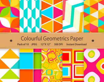Colorful Geometric Digital Paper, Scrapbooking (Digital Download)
