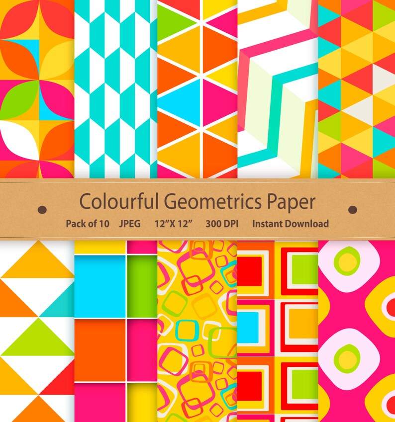 May include: A set of 10 digital papers featuring colorful geometric patterns. The patterns include squares, triangles, and circles in various colors, including yellow, blue, green, red, and pink. The papers are 12 inches by 12 inches and 300 DPI.