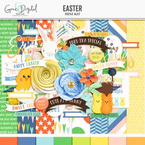 K&ouml;nnte beinhalten: Ein digitales Scrapbooking-Set mit Ostern-Motiven. Das Set enth&auml;lt Bilder von Hasen, Eiern, Blumen und anderen Ostersymbolen. Die Grafiken sind in verschiedenen Farben gehalten, darunter Blau, Gr&uuml;n, Gelb, Orange und Pink. Das Set enth&auml;lt auch Texte, wie "Frohe Ostern", "Eiersuche" und "S&uuml;&szlig;e Leckereien".