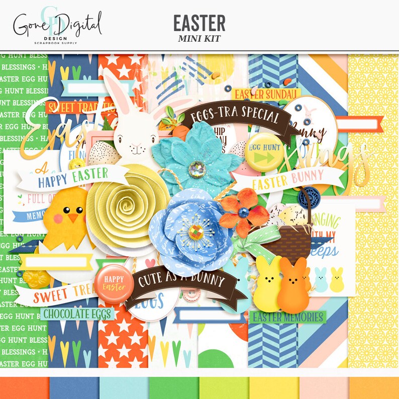 K&ouml;nnte beinhalten: Ein digitales Scrapbooking-Set mit Ostern-Motiven. Das Set enth&auml;lt Bilder von Hasen, Eiern, Blumen und anderen Ostersymbolen. Die Grafiken sind in verschiedenen Farben gehalten, darunter Blau, Gr&uuml;n, Gelb, Orange und Pink. Das Set enth&auml;lt auch Texte, wie "Frohe Ostern", "Eiersuche" und "S&uuml;&szlig;e Leckereien".