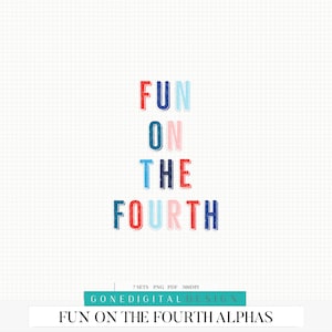 May include: A digital design graphic with the text "FUN ON THE FOURTH" in colorful, distressed-style lettering. The text is stacked vertically, with each word in a different color: red, blue, navy, and pink. The graphic is set against a white background with a subtle grid pattern.