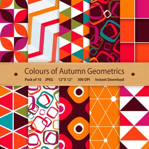 May include: A pack of 10 digital paper patterns featuring geometric designs in autumnal colours such as orange, red, brown, and teal. The patterns are 12 inches by 12 inches and 300 DPI.
