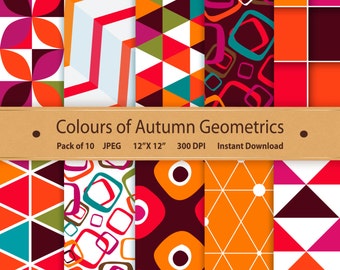 Autumn Geometric Paper Colours of Autumn Digital Scrapbooking Printable Geometric Background Instant Download Graphics Art Purple Orange Red