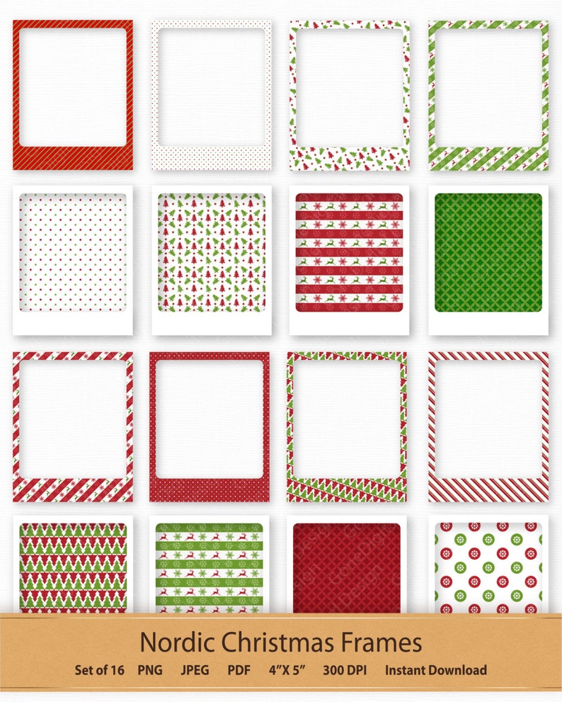 May include: Set of 16 printable Christmas frames with a variety of Scandinavian-inspired patterns. The frames are 4 inches by 5 inches and have a white background with red and green accents. The patterns include polka dots, stripes, snowflakes, and Christmas trees.