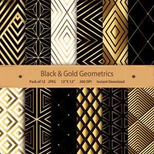 May include: A set of 12 digital paper patterns featuring black and gold geometric designs. Each pattern is 12 inches by 12 inches and 300 DPI.