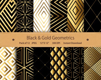 Digital Black And Gold Papers Black & Gold Geometrics 12x12 Scrapbooking Paper Papercrafting Printable Card Supplies Invitations Supplies