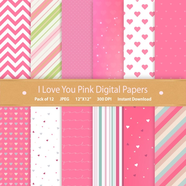 Papier numérique I Love You Pink Digital Paper Pack Valentines Scrapbooking numérique Utilisation commerciale Téléchargement numérique Scrapbook papier imprimable