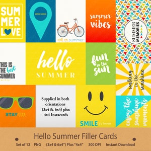 Puede incluir: Conjunto de 12 tarjetas digitales imprimibles con tem&aacute;tica de verano con varios dise&ntilde;os, incluyendo una bicicleta, gafas de sol, una cara sonriente y texto como "Summer Love", "Hello Summer" y "Fun in the Sun".