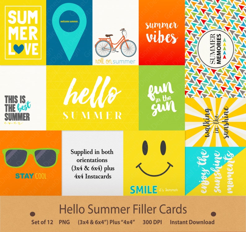 Puede incluir: Conjunto de 12 tarjetas digitales imprimibles con tem&aacute;tica de verano con varios dise&ntilde;os, incluyendo una bicicleta, gafas de sol, una cara sonriente y texto como "Summer Love", "Hello Summer" y "Fun in the Sun".