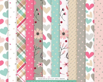 Love Valentine Digital Paper Pack, Scrapbook Patterns (Digital Download)
