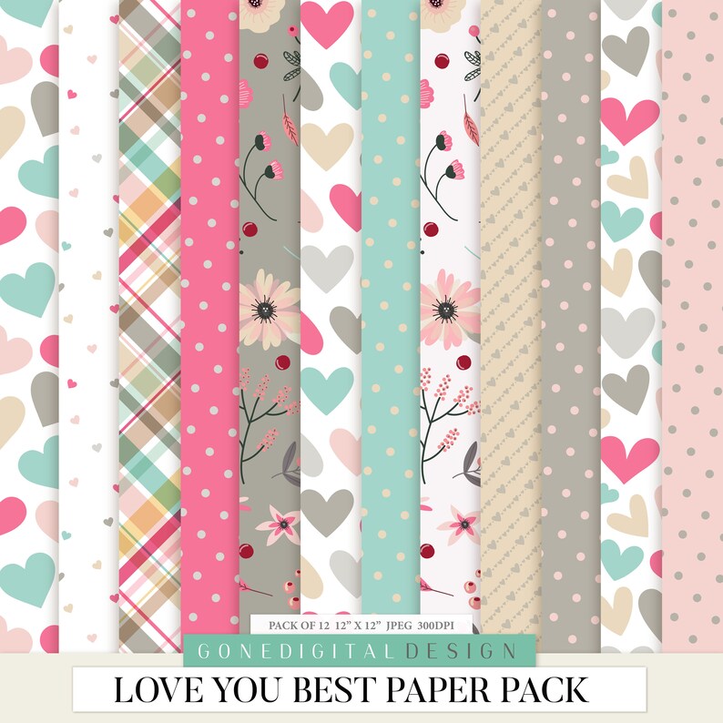 Love Valentine Digital Paper Pack, Scrapbook Patterns (Digital Download) bild 1