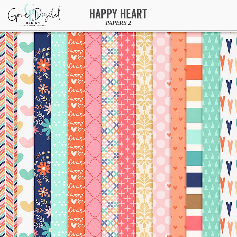 May include: A set of 12 digital papers featuring various patterns with hearts, flowers, and geometric designs in shades of pink, blue, and yellow. The papers are labeled "Happy Heart Papers 2".